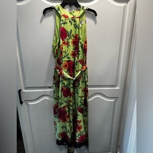 Badgley Mischka Lime Green Floral Maxi Dress with Red Roses